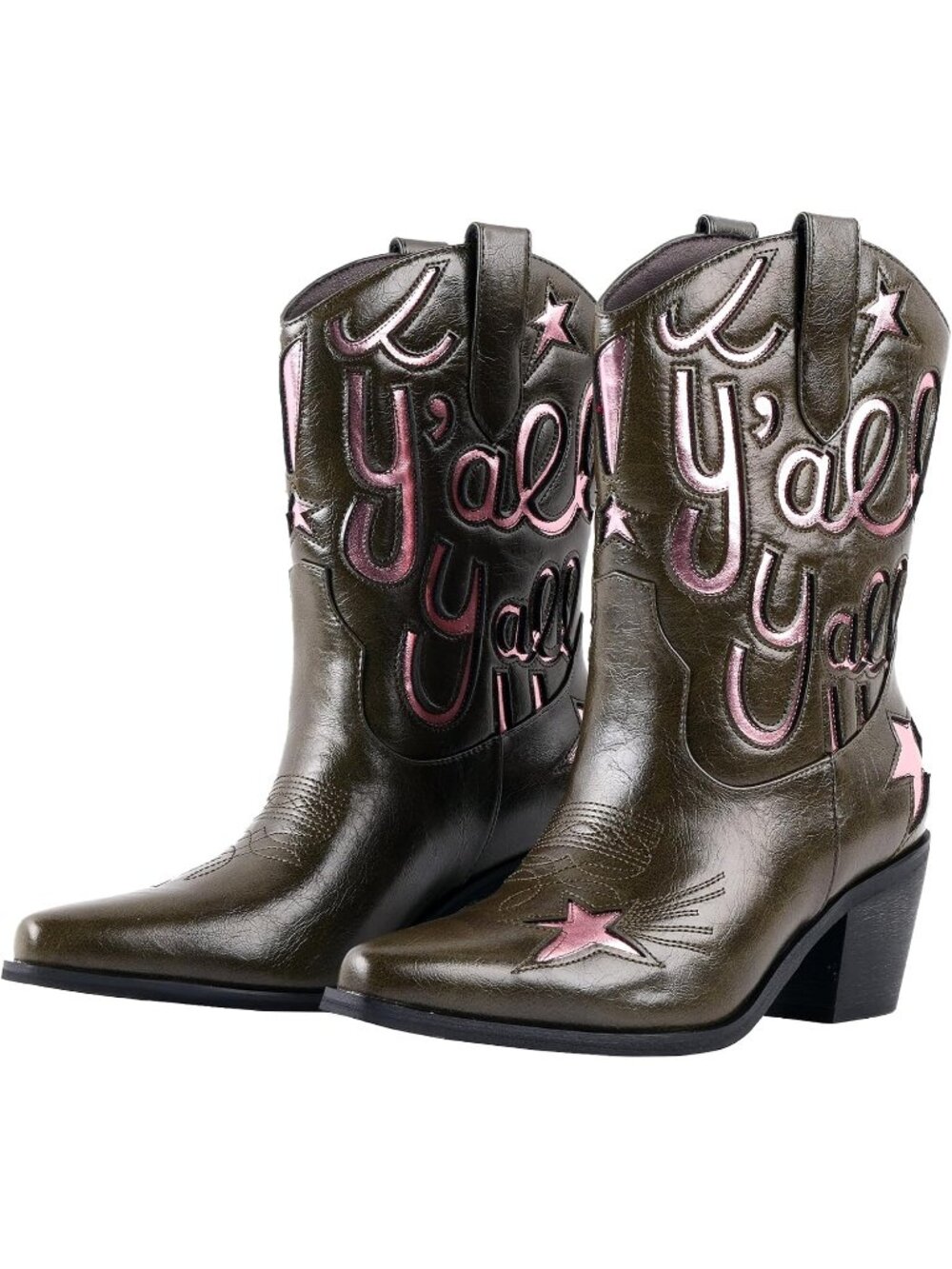Women's Green Low Block Heel Embroidery Sparkly Short Western Ankle Cowgirl Boot